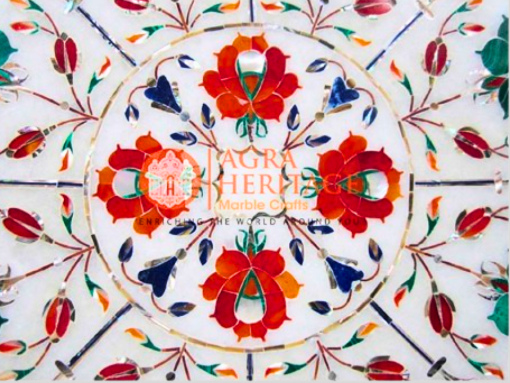 Carnelian Semi Precious Stone Inlaid Floral Marble Dish Plate